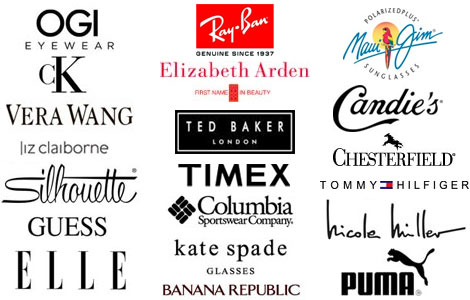 ogi, ck, liz claiborne, silhouette, guess, elle, ray ban, elizabeth arden, ted baker, timex, columbia, kate spade, banana republic, maui jim, candies, chesterfield, tommy hilfiger, nicole miller, puma logos